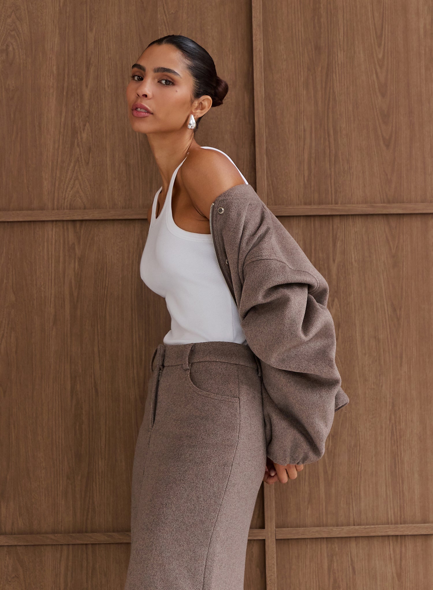 Brown Cropped Wool Effect Bomber